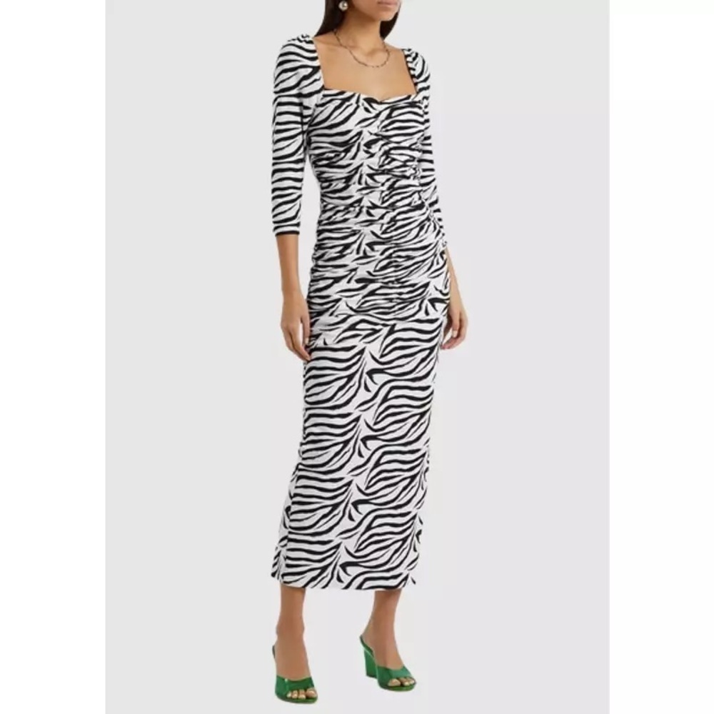 NWT Rotate Birger Christensen Ruched Midi Zebra Black White Bodycon Dress Size 2